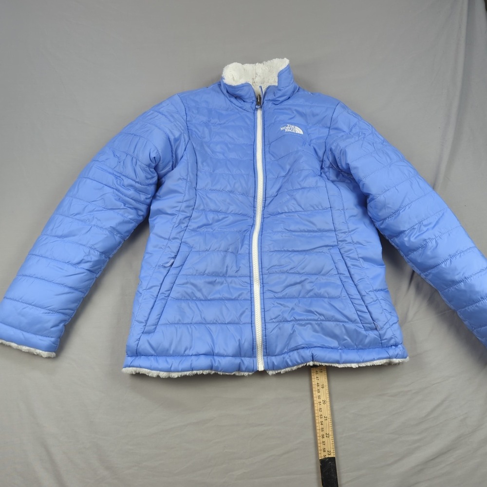 North Face Reversible Mossbud Jacket Girls XL 18 Baby Blue Puffer Fleece‎